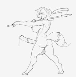 1futa animal_genitalia animal_penis anthro ass axe backsack balls battle_axe big_balls big_breasts big_penis breasts canid canine canis dark_nipples digitigrade equine_penis fours_(artist) fox furry futa_only futanari genitals hi_res holding_axe holding_object holding_polearm holding_weapon huge_cock intersex looking_at_viewer looking_back mammal melee_weapon nipples penis polearm precum side_boob solo urta_(corruption_of_champions) weapon weapon_over_shoulder