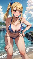 + ai_generated american_flag_bikini beach blue_hairband brown_eyes camel_toe divine_muse_designs fairy_tail lucy_heartfilia nipples ocean patreon smile sunny watermark yellow_hair