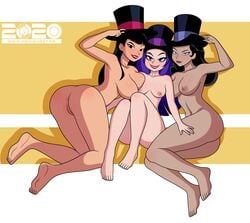 3girls ass breasts crossover dc dc_comics dc_super_hero_girls dcau female_superhero hat justice_league_action magician magician_hat megasweet multiple_girls multiversal_counterpart_grouping nude pussy square_crossover superhero superheroine top_hat zatanna zatanna_zatara zee_zatara