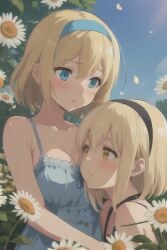 2girls ai_generated bare_shoulders blonde_hair blue_eyes cleavage flower hairband headband large_breasts stable_diffusion sundress