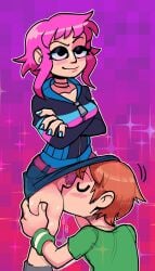 1boy 1girls black_eyes blue_nails blush closed_eyes crossed_arms cunnilingus eyeshadow female male nail_polish orange_hair partially_clothed pink_hair pubic_hair ramona_flowers scott_pilgrim scott_w_pilgrim short_hair yellowjackinit