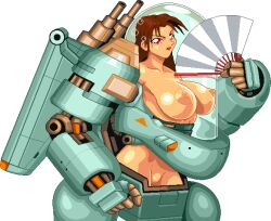 1girls alpha_channel arieta_(cosplay) brown_hair bubbles completely_nude cosplay cyber_mai cyberbots cybermai exposed_pussy fatal_fury for_sticker_use functionally_nude_female holding_fan holding_object king_of_fighters large_breasts mai_shiranui mech_suit no_background nude nude_female pixel_art png red_eyes sticker_template transparent_background transparent_png trippy_background vagina voluptuous_female warnerc