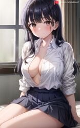 ai_generated bangs black_hair blue_skirt blush boku_no_kokoro_no_yabai_yatsu breasts brown_eyes cleavage closed_mouth collarbone collared_shirt edosynf female hair_ornament highres indoors large_breasts long_hair long_sleeves looking_at_viewer no_bra open_clothes open_shirt pleated_skirt school_uniform shirt shirt_tucked_in sitting skirt sleeves_rolled_up smile solo thighs white_shirt window yamada_anna