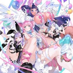 4girls angel_girl angel_wings balloons bandaids blue_eyes breasts clothed clothing demon_girl demon_horns demon_tail demon_wings double_bun eyebrows_visible_through_hair fake_animal_ears fake_rabbit_ears female female_only fishnet fishnet_legwear gigantic_breasts grey_hair heart-shaped_pupils heart_sunglasses heels horns huge_breasts light-skinned_female light_skin medium_breasts monster_girl oerba_yun_fang oni oni_female oni_horns original pink_eyes pink_hair plushies pointy_ears purple_hair rabbitcapsule shoes small_breasts sunglasses sunglasses_on_head symbol-shaped_pupils tail tan-skinned_female tan_skin tongue touching_tongue vampire vampire_girl wings