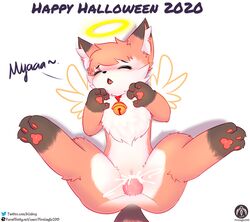 anthro bell blush bodily_fluids canid canine cum cum_in_pussy cum_inside duo english_text female female_penetrated fox genital_fluids genitals halloween halo hi_res holiday_message holidays lying male male_penetrating male_penetrating_female mammal nia_(senz) paws penetration penis pussy scarf senz sex straight text url vaginal_penetration wings