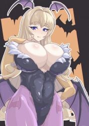 bat_wings blodne_hair blue_eyes breasts cosplay covered_navel darkstalkers dolphin_wave female huge_breasts kani_fake kanna_kirahoshi kidomonika kirahoshi_kanna long_hair morrigan_aensland_(cosplay) naughty_face seductive_smile solo tagme vi-ma_(dolphin_wave) vi-na