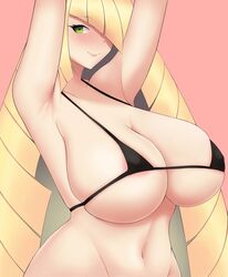 aether_foundation areolae armpits bikini blonde_hair blush breasts curvaceous fraankyy green_eyes hair_over_one_eye hands_up high_resolution large_breasts long_hair looking_at_viewer lusamine_(pokemon) micro_bikini pokemon pokemon_sm simple_background smile standing swimsuit very_high_resolution