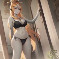 1girls ai_generated big_breasts black_sports_bra breasts clothing female female_only happy long_hair midna ruptuorie shorts solo the_legend_of_zelda twili_midna