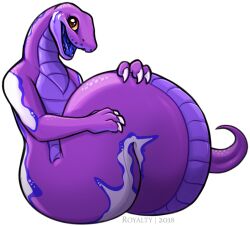 anthro brown_eyes claws cute female female_only furry furry_only happy looking_at_viewer nude open_mouth open_smile purple purple_body reptile royalty_(artist) scalie smile snake solo tail_hug