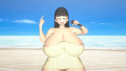 1girls 3d 3d_(artwork) alternate_version_available beach black_hair bottomless breasts case8001 female female_only holding holding_microphone honey_tanaka large_breasts long_hair microphone open_mouth open_smile pussy smile solo solo_female