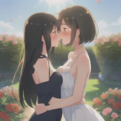 2girls ai_generated blue_dress blush cleavage kissing looking_at_another pressing_breasts_together small_breasts stable_diffusion sundress white_dress yuri yuri