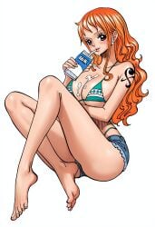 1girls ai_generated barefoot bikini_top blush brown_eyes clothed clothing feet female huge_breasts large_breasts long_hair looking_at_viewer nami_(one_piece) one_piece orange_hair plump_lips red_hair shorts simple_background solo_focus suggestive suggestive_fluid tagme tattoo thick_thighs white_background