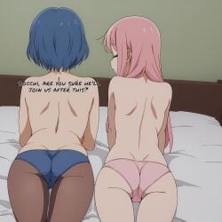 2girls ai_generated ass ass ass_focus ass_to_ass bed bedroom big_butt blue_hair blue_panties bocchi_the_rock! closed_eyes facing_forward female female_focus female_only gotou_hitori long_hair no_bra on_bed panties panties_only pantyhose pink_hair pink_panties ready_to_fuck short_hair shoulders take_your_pick text thick_thighs topless topless_female yamada_ryou