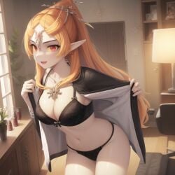 1girls ai_generated big_breasts black_sports_bra breasts clothing female female_only happy long_hair midna ruptuorie shorts solo the_legend_of_zelda twili_midna