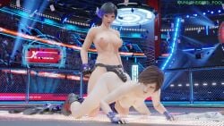 2girls 3d asuka_kazama black_hair blue_eyes brown_eyes brown_hair doggy_style female female_focus female_only imminent_sex kazama_asuka lesbian_sex namco purple_highlights reina_mishima sex_toy short_hair strap-on tekken tekken_8 the_unhindered_fool tomboy yuri