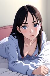 1girls ai_generated blue_eyes blush cleavage collarbone cute dark_hair female looking_at_viewer pyjamas small_breasts stable_diffusion