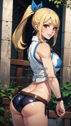 ai_generated belt blue_hairband brown_eyes crop_top divine_muse_designs looking_at_viewer looking_back outside panties patreon ponytail safe_for_work side_view smile stable_diffusion watermark yellow_hair