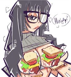 big_breasts big_nipples black_hair boob_burger clothed clothed_female demonbloodpal female food food_on_body food_on_breasts food_play girl glasses messy_hair sandwich_(food) sweater text your_order_is_ready_(meme)