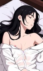 1girls accidental_exposure ai_generated armpit_crease armpits bare_shoulders collarbone dark_hair exposed_breasts female flat_chest flat_chested long_hair looking_at_viewer nipple_slip nipples see-through see-through_clothing sleeping small_breasts stable_diffusion unbuttoned wakipai white_shirt