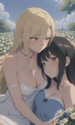 2girls ai_generated bare_shoulders black_hair blonde_hair blush brown_eyes cleavage cute green_eyes holding_head large_breasts stable_diffusion sundress white_dress yuri yuri