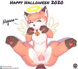 anthro bell blush canid canine duo english_text female female_penetrated fox genitals halloween halo hi_res holiday_message holidays lying male male_penetrating male_penetrating_female mammal nia_(senz) paws penetration penis pussy scarf senz sex straight text url vaginal_penetration wings