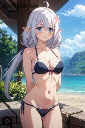 ahoge ai_generated arms_behind_back ass_visible_through_thighs bangs bare_shoulders beach bikini black_bikini blue_eyes blue_sky blush breasts cleavage closed_mouth cloud collarbone cowboy_shot day elf female flower hair_flower hair_ornament ireena_litz_de_olhyde long_hair looking_at_viewer low_twintails medium_breasts navel ocean outdoors pikkiwynn pointy_ears ribbon shijou_saikyou_no_daimaou_murabito_a_ni_tensei_suru side-tie_bikini_bottom sky smile solo stomach swimsuit twintails white_hair