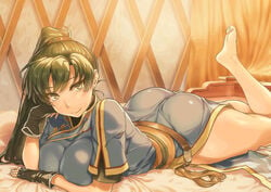 1girls ass asymmetrical_bangs bangs barefoot belt black_gloves blush breasts closed_mouth earrings feet_up female fingerless_gloves fire_emblem fire_emblem:_the_blazing_blade gloves green_eyes green_hair high_ponytail jewelry large_breasts long_hair looking_at_viewer lying lyn_(fire_emblem) lyndis_(fire_emblem) nintendo obi on_stomach ponytail sajittari sash sepia shinon_(tokage_shuryou) short_sleeves side_slit smile solo solo_female thighs