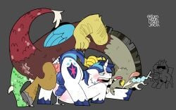 anal anthro blue_penis blush bodily_fluids cum cutie_mark discord_(mlp) ejaculation eye_contact friendship_is_magic from_behind_position furry gay gay_sex genital_fluids genitals hands-free hasbro hi_res inflation knot looking_at_another male male/male my_little_pony penis sex shining_armor_(mlp) tomnookusedjock white_body