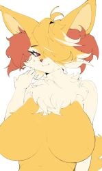 1girls ahoge bangs bangs_over_one_eye big_breasts blonde_hair braixen breasts ears female fox_ears fox_girl fur furry hair_over_one_eye neck_tuft orange_hair pokemon pokemon_(species) red_eyes solo woobin94 yellow_fur yellow_hair