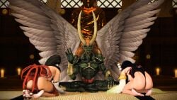 2_penises 2girls 3d angel_wings asian asian_female ass barefoot before_sex black_hair breasts_out dead_or_alive demon demon_horns diphallia diphallism feathered_wings feet green_body group group_sex japanese_female japanese_mythology kneeling mktrreekky momiji_(ninja_gaiden) monster multi_genitalia multi_penis ninja_gaiden no_sex nyotengu partially_clothed penis ponytail praying pre_sex shrine shrine_maiden sitting soles source_filmmaker tengu threesome toes