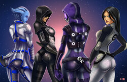 4girls asari ass bioware black_hair blue_eyes blue_skin bodysuit female female_only fully_clothed hood jpeg jumpsuit kasumi_goto liara_t'soni looking_at_viewer looking_back mask mass_effect miranda_lawson multiple_girls quarian skin_tight tali'zorah_nar_rayya thick_ass