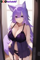 1girls :3 ai_generated bra breasts curvy cute dog_ears dog_girl doggirl female female_only hand_on_hip highres hips huge_breasts indoors kemonomimi light_skin light_skinned_female lingerie long_hair panties patreon_username petgirl petite purple_ears purple_eyes purple_hair purple_tail solo standing teeth thick_thighs thighs tori toriwoofs watermark wide_hips wolf_ears