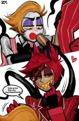 2boys alastor_(hazbin_hotel) blonde_hair blowjob blush clothed demon erection gay gloves hazbin_hotel heart light_skin lucifer_morningstar_(hazbin_hotel) male male/male male_only monocle motion_lines oral_penetration oral_sex red_hair sharp_teeth smiling spanish_text suit tentacle tentacles vest vivienne_medrano yaoi zusurumiya