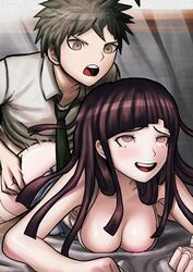 accurate_art_style ahoge ass_grab boobs brown_eyes clothing danganronpa danganronpa_2:_goodbye_despair doggy_style gray_hair hinata_hajime official_style open_mouth partially_clothed prone_bone purple_hair rojen straight straight_hair tie tsumiki_mikan