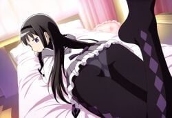 1girls ai_generated akemi_homura ass bed bedroom black_hair foot_out_of_frame from_behind hairband long_hair looking_at_viewer looking_back lying_on_stomach mahou_shoujo_madoka_magica nai_diffusion panties_under_pantyhose pantyhose purple_eyes the_pose white_panties