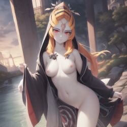 1girls ai_generated big_breasts black_sports_bra breasts clothing female female_only happy long_hair midna ruptuorie shorts solo the_legend_of_zelda twili_midna