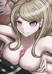 1boy 1girls accurate_art_style akamatsu_kaede big_breasts breasts cum cum_between_breasts danganronpa danganronpa_v3 ejaculation_between_breasts female hair_ornament large_breasts male official_style outercourse paizuri penis purple_eyes rojen saihara_shuuichi straight straight_hair unseen_male_face