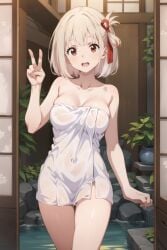 ai_generated big_breasts entering hair_ribbon looking_at_viewer lycoris_recoil nishikigi_chisato onsen red_eyes towel towel_only v-sign wet_towel