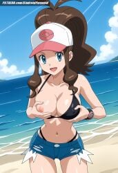 ai_generated aindroidparanoid baseball_cap beach big_breasts bikini blue_eyes breasts brown_hair cap cleavage covered_nipples cute denim_shorts grabbing_own_breast hat hilda_(pokemon) hips huge_breasts large_breasts long_hair massive_breasts narrow_waist navel nipples one_breast_out outdoors pokemon pokemon_(species) pokemon_bw pokemon_trainer ponytail short_hair slim_waist stable_diffusion taller_girl thick_thighs tight_clothing topless voluptuous watch wavy_hair wide_hips