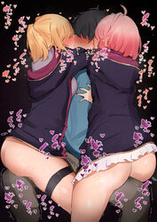 1boy 2girls ahoge ass black_background black_coat black_hair blue_shirt blush bottomless breast_press breasts brown_pants chieru_(princess_connect!) chloe_(princess_connect!) coat ear_licking ffm_threesome french_kiss frills full-face_blush group_sex hair_over_eyes hairband highres hood hood_down hooded_coat hug kissing licking medium_breasts multiple_girls narusan_beam2 pants pink_hair pink_hairband princess_connect! princess_connect!_re:dive shirt short_hair short_twintails simple_background sitting straight thigh_strap threesome tongue tongue_out twintails