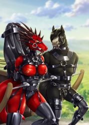 absurd_res anthro belt cart clothing dragon duo equid equine female gag gloves handwear helpless hi_res horse invalid_tag landscape latex leash legwear male male/female mammal mythological_creature mythological_scalie mythology nastya_tan ring scalie stockings wings