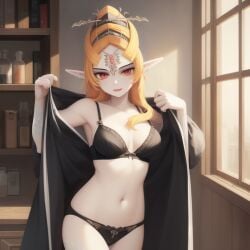 1girls ai_generated big_breasts black_sports_bra breasts clothing female female_only happy long_hair midna ruptuorie shorts solo the_legend_of_zelda twili_midna