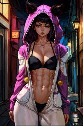 abs ai_generated alley alleyway alternate_costume angry angry_face bangs black_hair blue_eyes blunt_bangs bra cleavage collarbone female female_only furrowed_brow hair_drills heterochromia hood hood_up hoodie juri_han looking_at_viewer midriff muscular muscular_female navel night onesie onesie_open onesie_pajamas open_clothes open_clothing open_jacket outdoors outside pajamas panties parted_lips red_eyes solo solo_female stable_diffusion street_fighter street_fighter_6 tampopo toned toned_female zipper_down