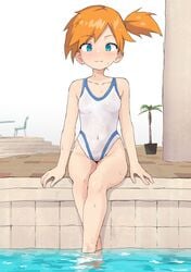 1girls blue_eyes blush breasts female female_only kasumi_(pokemon) legs one-piece_swimsuit orange_hair pokemon pokemon_rgby red_hair smile smiling solo swimming_pool swimsuit wet yakihebi