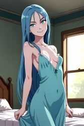 1girls ai_generated blue_dress blue_hair cleavage cute female green_dress green_eyes looking_at_viewer night_gown nightgown sagging_breasts sideboob skinny small_breasts smile stable_diffusion