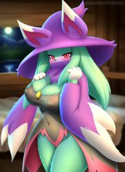 anthro ass big_ass big_breasts big_thighs blue_body blush breasts cute faroula_twitt feline female female_only fur furry grey_fur huge_ass huge_thighs katress looking_at_viewer nipples_visible_through_clothing pal_(species) palworld pink_hair solo tagme thick_hips thick_thighs thighs