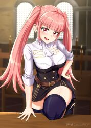 1girls bare_thighs better_version_at_source blunt_bangs breasts canadiananiguy female female_only fire_emblem fire_emblem:_three_houses hilda_valentine_goneril indoors large_breasts looking_at_viewer nintendo pink_hair red_eyes skirt solo thick_thighs thighs twintails