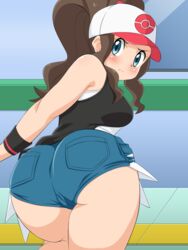 1girls ass big_ass blue_eyes blush breasts brown_hair clothed curvy_figure eye_contact female game_freak hat hilda_(pokemon) long_hair looking_at_viewer minishorts nintendo pokemon pokemon_bw shorts solo thick_ass thick_thighs thighs umejiru