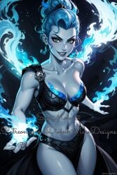 ai_generated blue_eyes blue_hair cleavage disney divine_muse_designs goddess greek_bikini greek_clothes grey_body hades hercules_(disney) patreon smile split_dress watermark