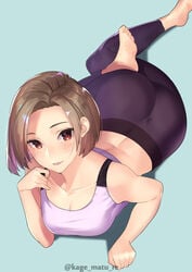 1girls aqua_background ass bare_arms bare_shoulders barefoot big_ass blue_background blush breasts brown_hair butt cleavage collarbone crop_top female female_only forehead full_body highres kagematsuri large_ass looking_at_viewer medium_breasts midriff original pants pantylines parted_lips purple_shirt red_eyes shadow shirt short_hair sidelocks simple_background sleeveless sleeveless_shirt smile solo solo_female tank_top track_pants twitter_username